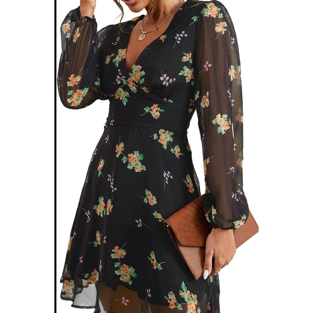 Urban Outfitters Semi Sheer Chiffon Floral Wrap Mini Dress Women Medium Black